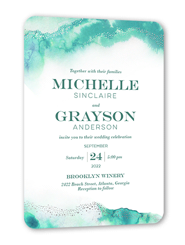 Ocean Waves Wedding Invitation, Blue, Silver Foil, 5x7, Pearl Shimmer Cardstock, Rounded