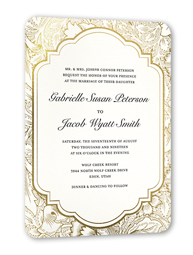 Ornate Petals Wedding Invitation, White, Gold Foil, 5x7, Pearl Shimmer Cardstock, Rounded
