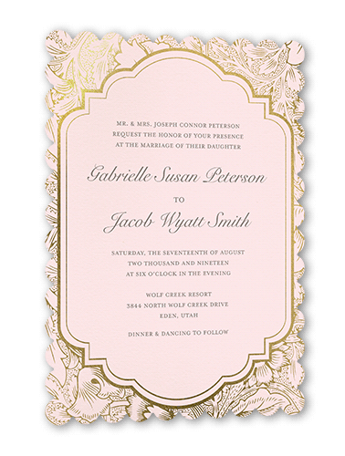 Ornate Petals Wedding Invitation, Pink, Gold Foil, 5x7, Matte, Signature Smooth Cardstock, Scallop