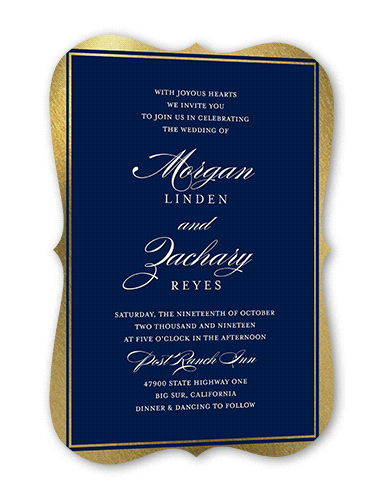 Remarkable Frame Classic Wedding Invitation, Gold Foil, Blue, 5x7, Pearl Shimmer Cardstock, Bracket