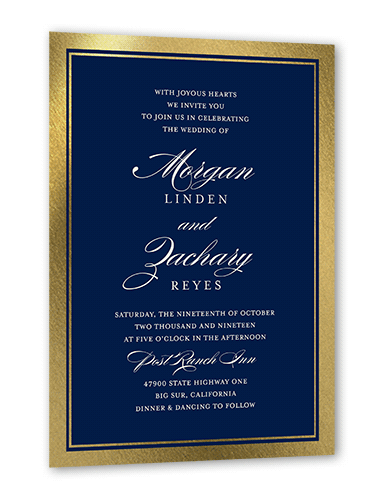 Remarkable Frame Classic Wedding Invitation, Gold Foil, Blue, 5x7, Pearl Shimmer Cardstock, Square