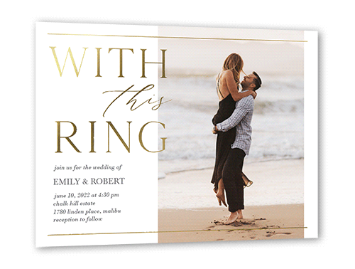 Editorial Lover Wedding Invitation, White, Gold Foil, 5x7 Flat, Pearl Shimmer Cardstock, Square
