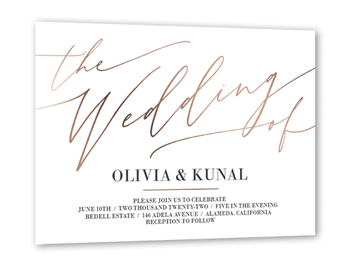 Exciting Script Wedding Invitation, White, Rose Gold Foil, 5x7 Flat, Pearl Shimmer Cardstock, Square
