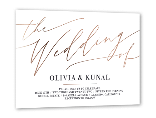 Exciting Script Wedding Invitation, Rose Gold Foil, White, 5x7 Flat, Pearl Shimmer Cardstock, Square