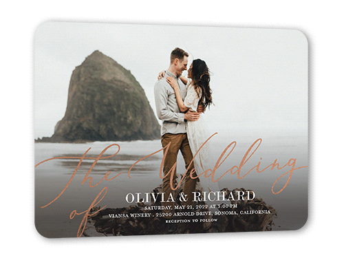 Sterling Script Wedding Invitation, Rose Gold Foil, White, 5x7 Flat, Signature Smooth Cardstock, Rounded