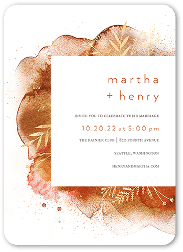 Romantic Watercolor Wedding Invitation, Orange, 5x7, Pearl Shimmer Cardstock, Rounded