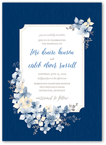 Rustic Wildflowers Wedding Invitation, Blue, 5x7 Flat, Pearl Shimmer Cardstock, Square
