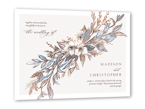 Watercolor Divide Wedding Invitation, Rose Gold Foil, Blue, 5x7, Pearl Shimmer Cardstock, Square