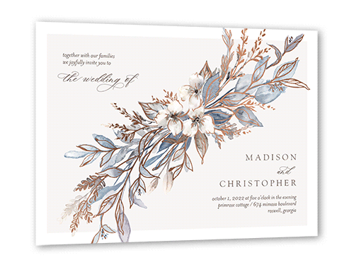 Watercolor Divide Wedding Invitation, Rose Gold Foil, Blue, 5x7 Flat, Pearl Shimmer Cardstock, Square
