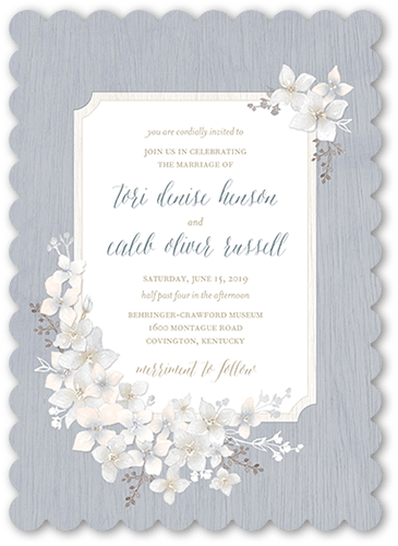 Rustic Wildflowers Wedding Invitation, Grey, 5x7 Flat, Pearl Shimmer Cardstock, Scallop, White
