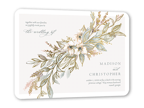 Watercolor Divide Wedding Invitation, Gold Foil, Green, 5x7, Pearl Shimmer Cardstock, Rounded