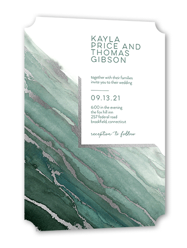 Marble Wave Wedding Invitation, Green, Silver Foil, 5x7 Flat, Pearl Shimmer Cardstock, Ticket