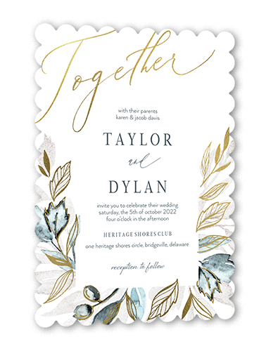Artfully Adorned Wedding Invitation, Gold Foil, Grey, 5x7, Pearl Shimmer Cardstock, Scallop