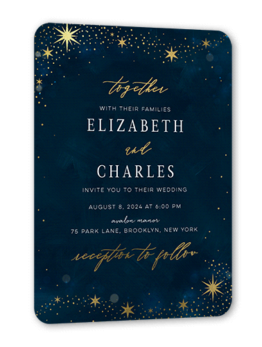 Bright Night Wedding Invitation, Blue, Gold Foil, 5x7 Flat, Pearl Shimmer Cardstock, Rounded