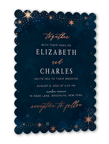 Bright Night Wedding Invitation, Rose Gold Foil, Blue, 5x7, Pearl Shimmer Cardstock, Scallop