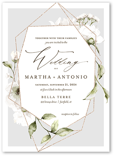 Light Floral Wedding Invitation, Grey, 5x7 Flat, Pearl Shimmer Cardstock, Square