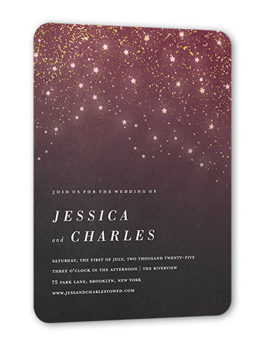 Star Cascade Wedding Invitation, Gold Foil, Purple, 5x7 Flat, Pearl Shimmer Cardstock, Rounded