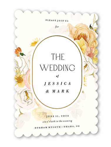 Warm Floral Wedding Invitation, Orange, Gold Foil, 5x7 Flat, Pearl Shimmer Cardstock, Scallop