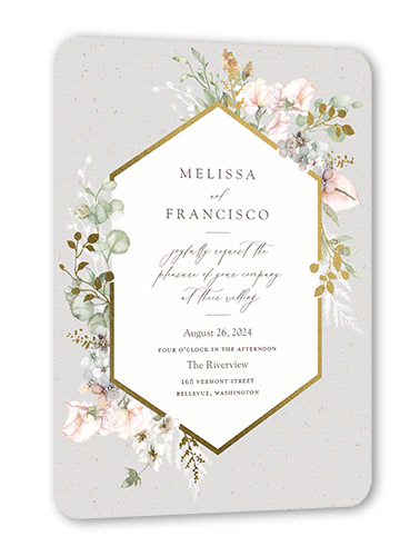 Enchanted Pastels Wedding Invitation, Gold Foil, Grey, 5x7 Flat, Pearl Shimmer Cardstock, Rounded