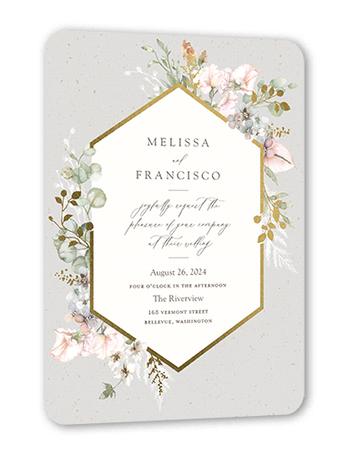 Enchanted Pastels Wedding Invitation, Gold Foil, Grey, 5x7 Flat, Pearl Shimmer Cardstock, Rounded, Whisper Gray