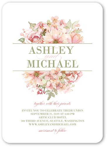 Watercolor Bouquet Wedding Invitation, Beige, 5x7 Flat, Pearl Shimmer Cardstock, Rounded