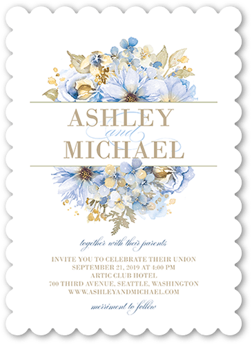 Watercolor Bouquet Wedding Invitation, Blue, 5x7 Flat, Matte, Signature Smooth Cardstock, Scallop