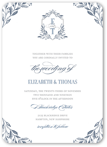 Classic Herald Wedding Invitation, Blue, 5x7 Flat, Pearl Shimmer Cardstock, Rounded