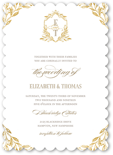 Classic Herald Wedding Invitation, Yellow, 5x7 Flat, Pearl Shimmer Cardstock, Scallop, White