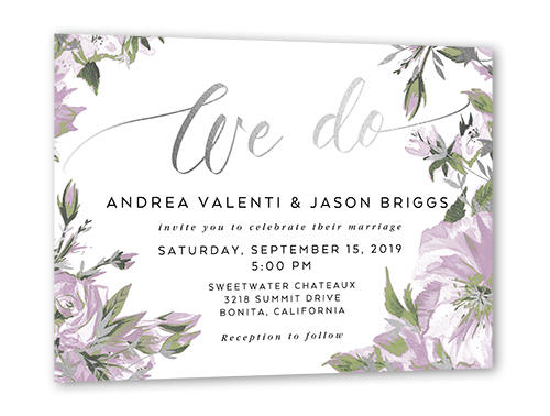 Crisp Petals Wedding Invitation, Silver Foil, Purple, 5x7 Flat, Pearl Shimmer Cardstock, Square