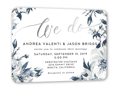 Crisp Petals Wedding Invitation, Silver Foil, Grey, 5x7 Flat, Matte, Signature Smooth Cardstock, Rounded