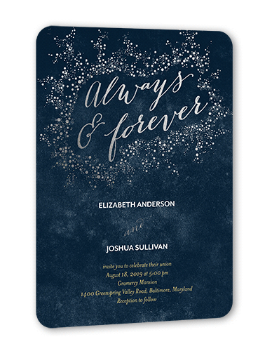 Dazzling Flare Wedding Invitation, Blue, Silver Foil, 5x7, Pearl Shimmer Cardstock, Rounded