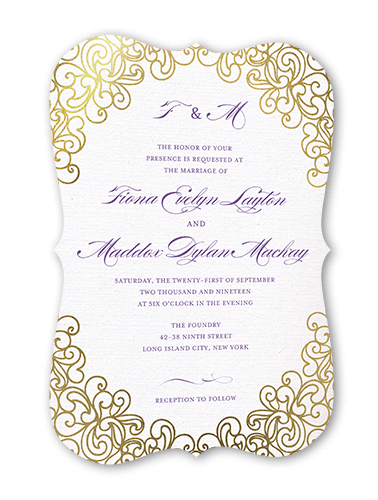 Dazzling Lace Wedding Invitation, Gold Foil, Purple, 5x7 Flat, Signature Smooth Cardstock, Bracket