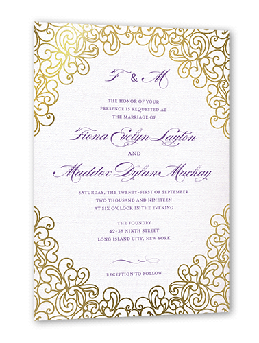 Dazzling Lace Wedding Invitation, Gold Foil, Purple, 5x7 Flat, Pearl Shimmer Cardstock, Square