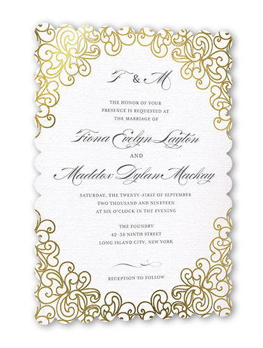 Dazzling Lace Wedding Invitation, Gold Foil, Grey, 5x7, Pearl Shimmer Cardstock, Scallop