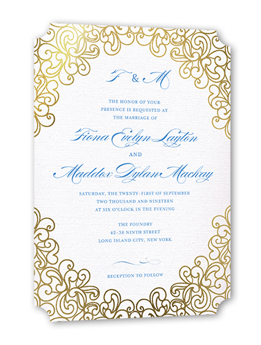 Dazzling Lace Wedding Invitation, Blue, Gold Foil, 5x7 Flat, Signature Smooth Cardstock, Ticket
