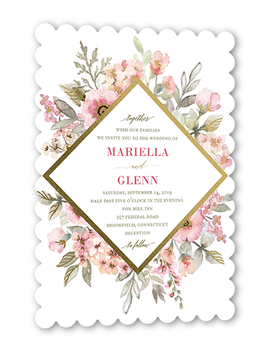 Diamond Blossoms Wedding Invitation, Gold Foil, Pink, 5x7 Flat, Matte, Signature Smooth Cardstock, Scallop