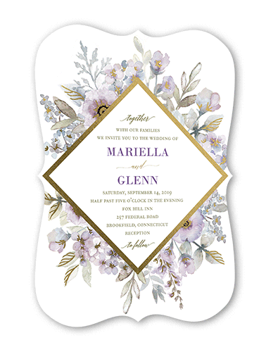 Diamond Blossoms Wedding Invitation, Gold Foil, Purple, 5x7 Flat, Pearl Shimmer Cardstock, Bracket
