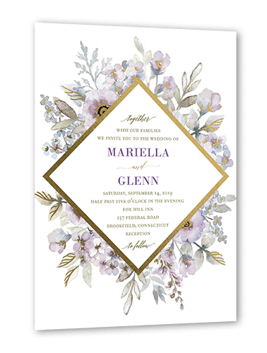 Diamond Blossoms Wedding Invitation, Gold Foil, Purple, 5x7, Matte, Signature Smooth Cardstock, Square