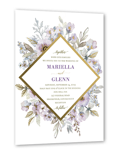 Diamond Blossoms Wedding Invitation, Purple, Gold Foil, 5x7 Flat, Luxe Double-Thick Cardstock, Square