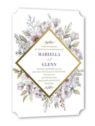 Diamond Blossoms Wedding Invitation, Gold Foil, Purple, 5x7 Flat, Pearl Shimmer Cardstock, Ticket