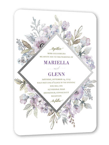 Diamond Blossoms Wedding Invitation, Purple, Silver Foil, 5x7 Flat, Pearl Shimmer Cardstock, Rounded