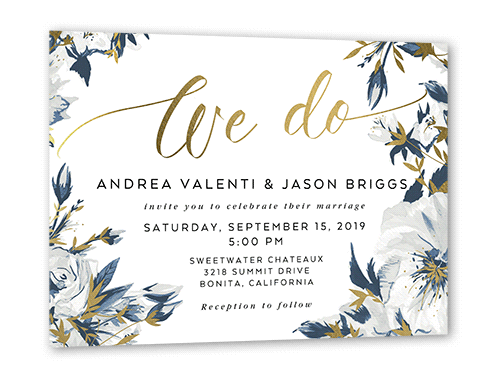 Crisp Petals Wedding Invitation, Grey, Gold Foil, 5x7 Flat, Luxe Double-Thick Cardstock, Square