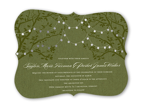 Enlightened Evening Wedding Invitation, Silver Foil, Green, 5x7, Pearl Shimmer Cardstock, Bracket