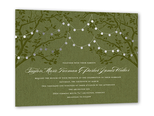 Enlightened Evening Wedding Invitation, Silver Foil, Green, 5x7 Flat, Pearl Shimmer Cardstock, Square