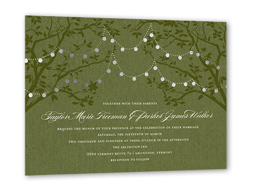 Enlightened Evening Wedding Invitation, Silver Foil, Green, 5x7 Flat, Pearl Shimmer Cardstock, Square, Bark