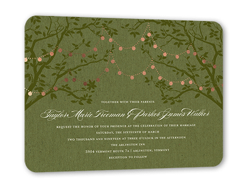 Enlightened Evening Wedding Invitation, Green, Rose Gold Foil, 5x7 Flat, Pearl Shimmer Cardstock, Rounded, Bark