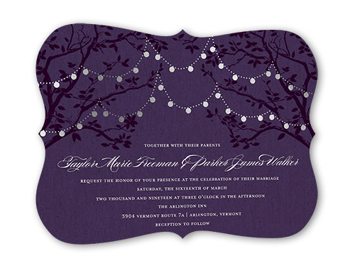 Enlightened Evening Wedding Invitation, Purple, Silver Foil, 5x7 Flat, Pearl Shimmer Cardstock, Bracket