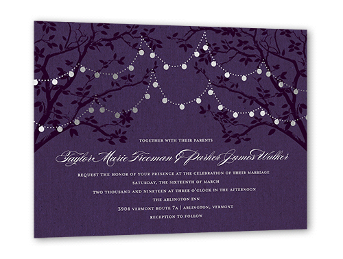 Enlightened Evening Wedding Invitation, Purple, Silver Foil, 5x7 Flat, Luxe Double-Thick Cardstock, Square