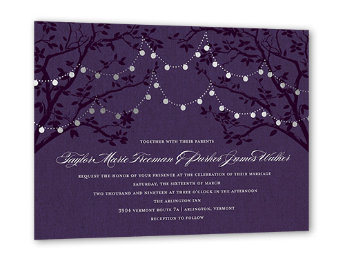 Enlightened Evening Wedding Invitation, Silver Foil, Purple, 5x7 Flat, Luxe Double-Thick Cardstock, Square
