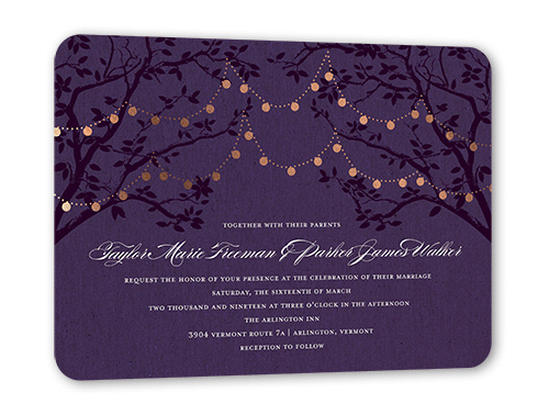 Enlightened Evening Wedding Invitation, Rose Gold Foil, Purple, 5x7 Flat, Signature Smooth Cardstock, Rounded, Majestic